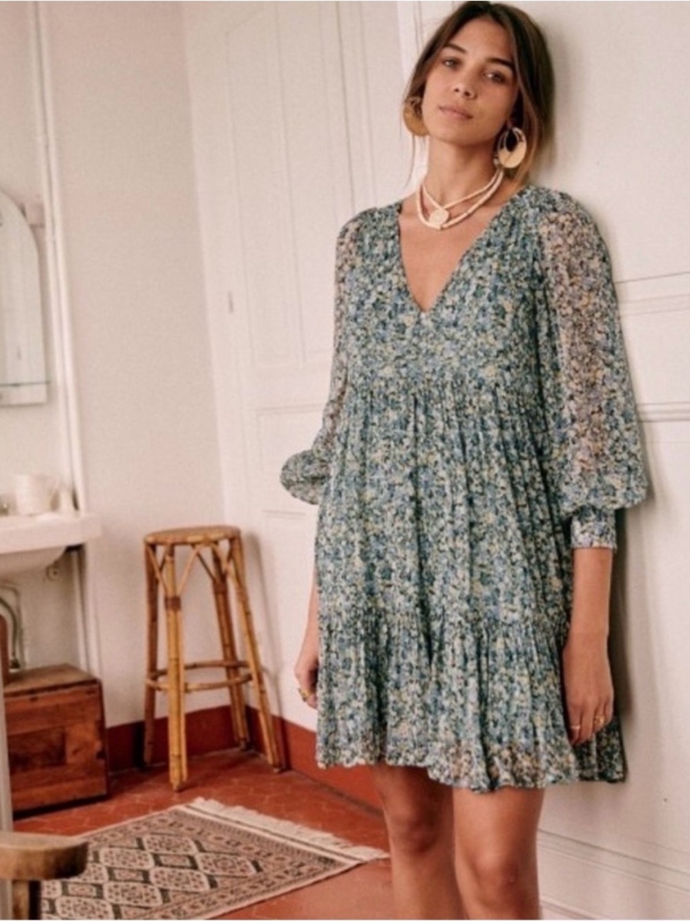 Sezane Green Floral V-Neck Tiered Mini Dress